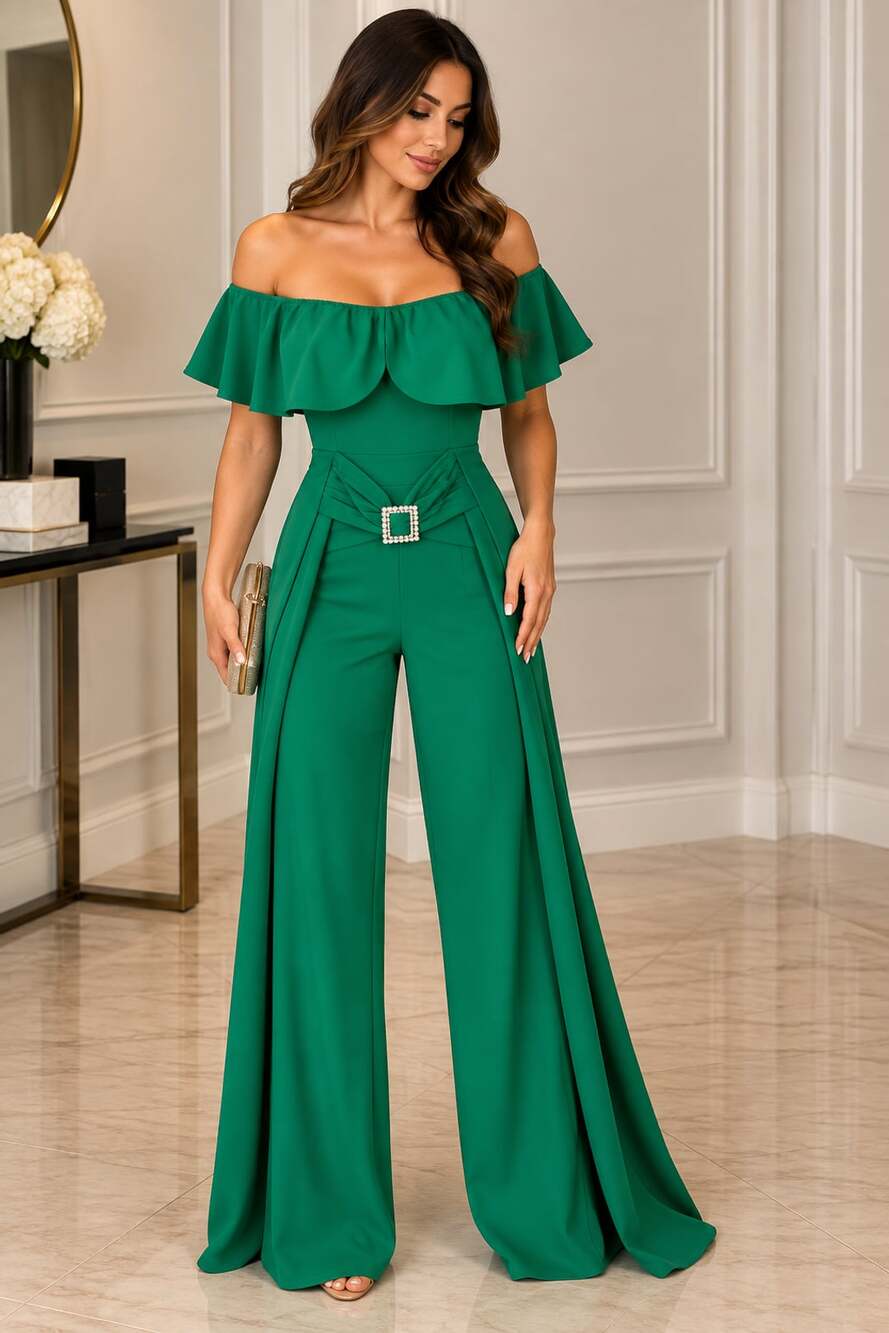 Privé Off Shoulder Ruffle Trim Belted Jumpsuit Green